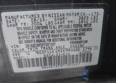 2015 Nissan Sentra Sv z USA, uszkodzony, nr VIN 3N1AB7AP5FY321147